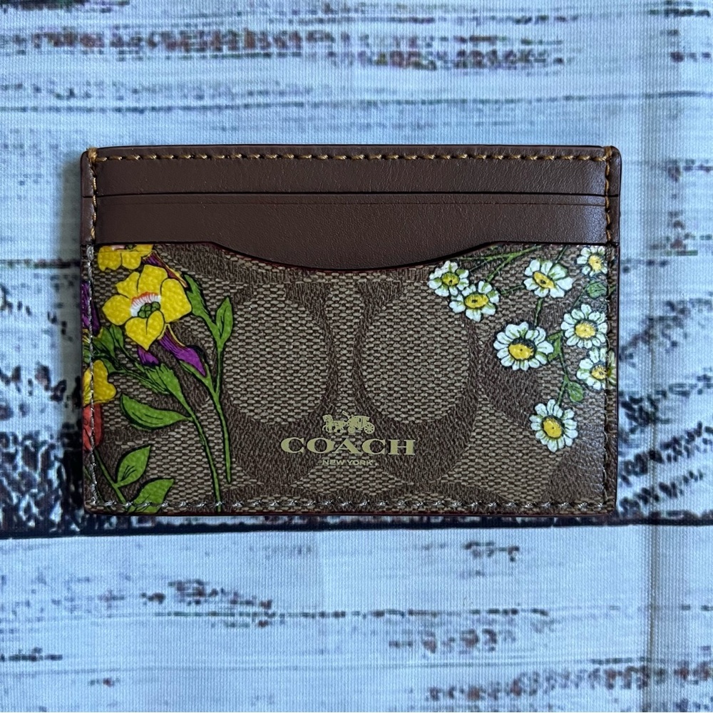 Coach Signature Logo Slim ID Card Case Leather Multi Floral NWOT